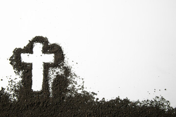 top view of cross shape with dark soil on a white background grim reaper funeral death devil