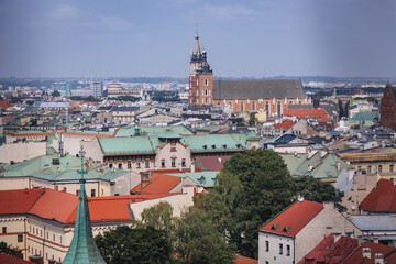 Fototapeta na wymiar Aerial view from Wawel Cathedral with St Mary Basilica in Krakow city, Poland