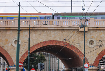 Railroad viaduct over Grzegorzecka Street in Krakow, Poland