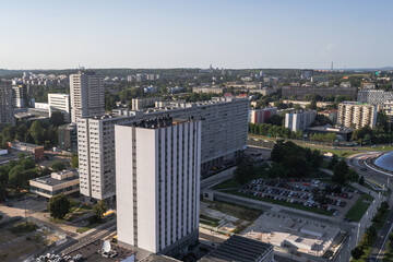 Drone photo of Slizgowiec building and Superjednostka house of flats in Katowice, Poland
