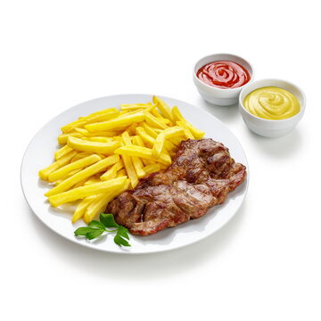 Grilled steaks and french fries on plate