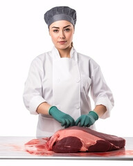 Female butcher posing confidently in traditional work attire on a white background.