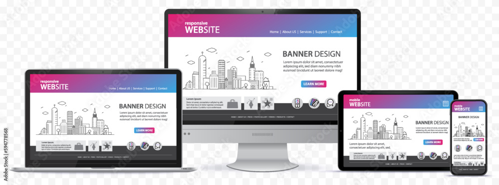 Wall mural responsive website design with computer monitor, laptop, tablet pc and mobile phone screen. vector i