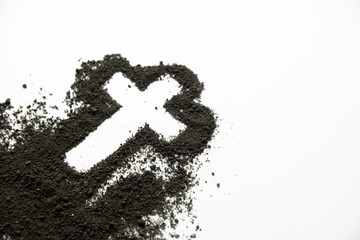 top view of cross shape with dark soil on white background grim reaper funeral devil