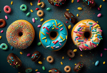 Donuts with pink, chocolate, lemon, blue mint glaze on darkbackground. colored sprinkles. Seamless . High quality photo