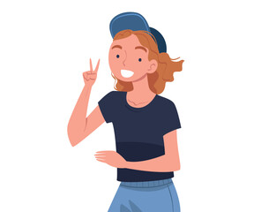 Happy Girl in Baseball Cap Standing and Smiling Showing V Sign Gesture Vector Illustration