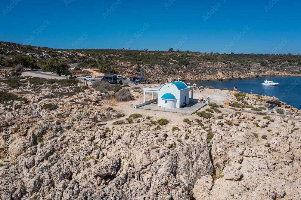 Sticker View with Ayioi Anargyroi small church, Cape Greco National Park, Cyprus