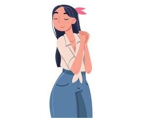 Happy Girl Standing and Smiling Holding Hands Together Vector Illustration