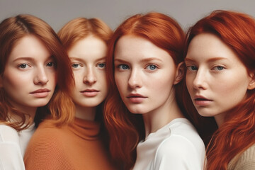 Portrait of a group of young beautiful redhead women, Generative ai