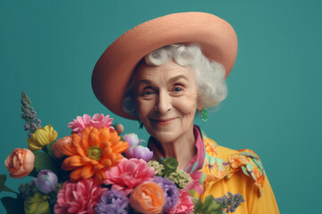 Stylish bright elder gray hair woman with flowers around on blue background. Studio portrait, created with Generative AI Technology