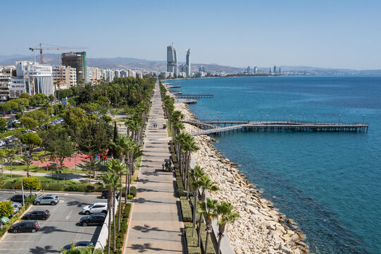 Drone view of Molos boardwalk and park in Limassol, Cyprus