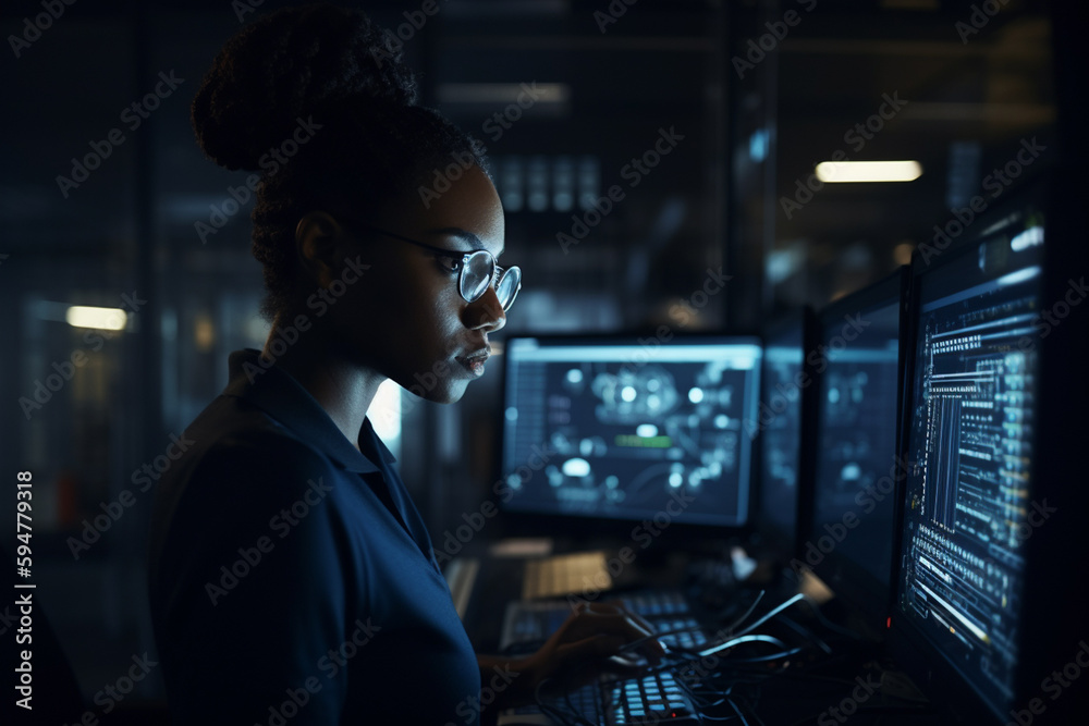 Wall mural side view on black woman it developer working with computer in dark office, created with generative 