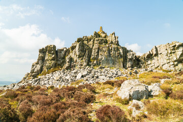 Fototapeta na wymiar A view of Manstone Rock in the Stiperstones Nature Reserve in Shropshire, UK. A Quartzite ridge created during the last Ice Age 480 million years ago