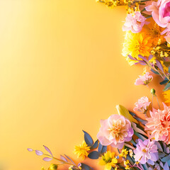 Obraz premium Floral composition on a blank trendy background. Flowers backdrop for Mother’s Day, valentines day, wedding, birthday. copy space 