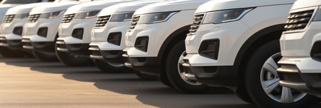 Transporting service company. White delivery vans in row. Parkende Autos, vehicle. Commercial fleet. AI image	
