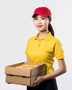 Female Fast Food Worker Holding a Take Out Box Of Food on a White Background