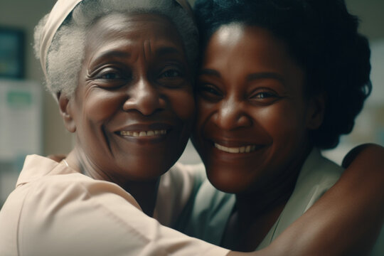 african american elderly mother and daughter hugging  and look at camera, created with Generative AI Technology