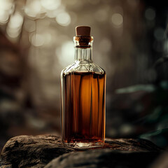 product shot of a vintage whiskey bottle standing on a rock in the forest, no labels, no text, no brand name - 594779528