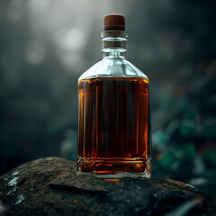product shot of a vintage whiskey bottle standing on a rock in the forest, no labels, no text, no brand name - 594779554