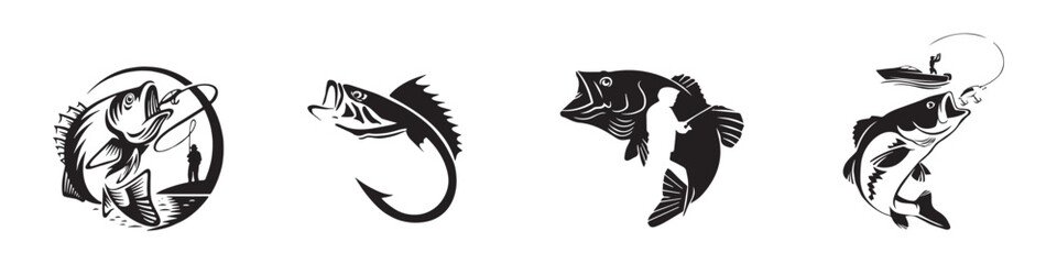 Set of fishing icons. Logo Fishing Shop, Store, Company. Vector Illustration. Vector Graphic. EPS 10 - obrazy, fototapety, plakaty