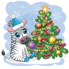 Merry Christmas and Happy New Year greeting card with cute zebra in santa hat with christmas ball, candy kane, gift