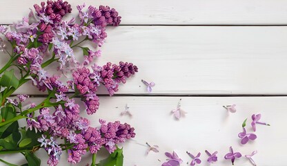 Fototapeta premium romantic floral composition with loosely arranged lilac flowers on a rustic white wooden background with free copy space in the middle for Mother's Day, Valentine's Day, Wedding or Birthday
