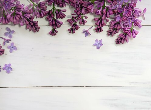 romantic floral composition with loosely arranged lilac flowers on a rustic white wooden background with free copy space in the middle for Mother's Day, Valentine's Day, Wedding or Birthday