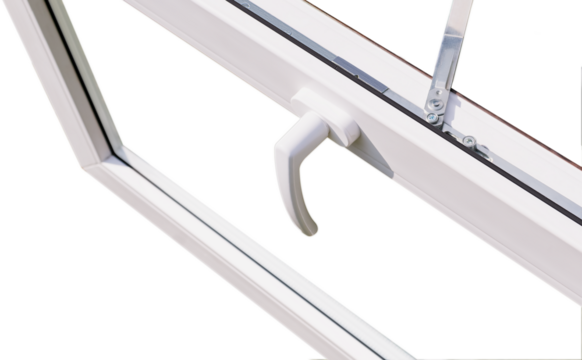 A small transom window made of plastic with a handle and accessories