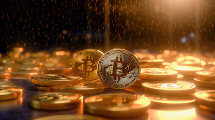 Bitcoin Cryptocurrency as Gold Coins. Digital Banking Wallpaper. Generative AI