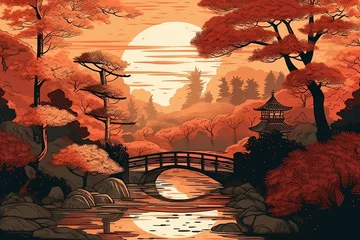 Foto auf Acrylglas Orange Japanese landscape with a tree