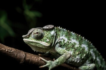 Fototapeta premium cute funny chameleon - Chamaeleo calyptratus on a branch forest background,generative ai.
