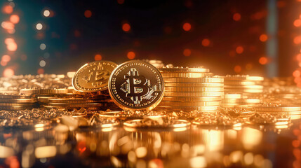 Bitcoin Cryptocurrency as Gold Coins. Digital Banking Wallpaper. Generative AI