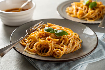 Spaghetti with tomatoes sauce, healthy homemade mediterranean food.