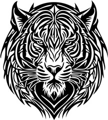 Aggressive tiger head tribal logo design in black and white, vector illustration of a predator 