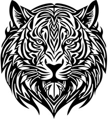 Aggressive tiger head tribal logo design in black and white, vector illustration of a predator 