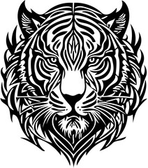 Aggressive tiger head tribal logo design in black and white, vector illustration of a predator 