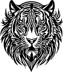 Aggressive tiger head tribal logo design in black and white, vector illustration of a predator 
