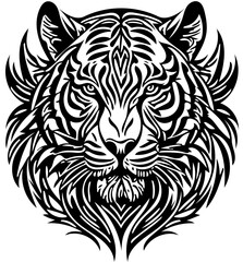 Aggressive tiger head tribal logo design in black and white, vector illustration of a predator 