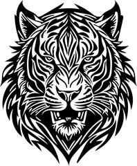 Aggressive tiger head tribal logo design in black and white, vector illustration of a predator 