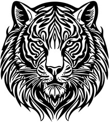 Aggressive tiger head tribal logo design in black and white, vector illustration of a predator 