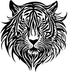 Aggressive tiger head tribal logo design in black and white, vector illustration of a predator 
