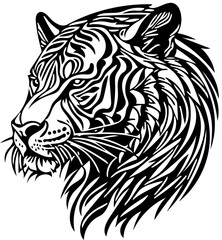 Aggressive tiger head tribal logo design in black and white, vector illustration of a predator 