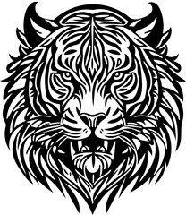 Aggressive tiger head tribal logo design in black and white, vector illustration of a predator 