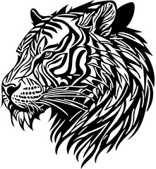 Aggressive tiger head tribal logo design in black and white, vector illustration of a predator 