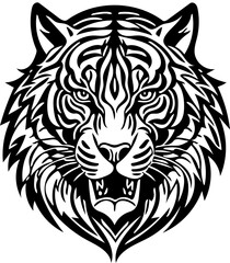 Aggressive tiger head tribal logo design in black and white, vector illustration of a predator 