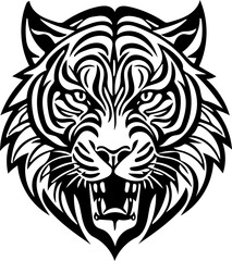 Aggressive tiger head tribal logo design in black and white, vector illustration of a predator 