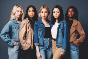 Fototapeta premium Portrait of a group of young beautiful mixed race women AI generative art