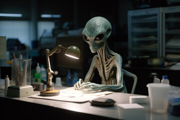 Lab alien at Area 51 studying materials or conducting scientific research to help humanity. Friendly extraterestrial being in the laboratory helping humans evolve. Ai generated