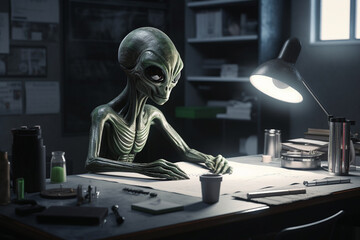Lab alien at Area 51 studying materials or conducting scientific research to help humanity. Friendly extraterestrial being in the laboratory helping humans evolve. Ai generated