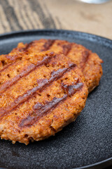 Tasty vegan burgers made from vegetarian plant based soya beans imitation meat